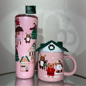 New Starbucks Pink Bearista Bear Gingerbread House SS and Ceramic Tumblers